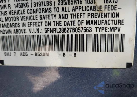 2007 Honda Odyssey Ex-L from USA, damaged, VIN 5FNRL38627B057563